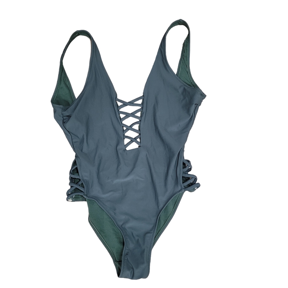 COASTAL WAVES Green‎ Laceup Plunge Swimsuit Size S